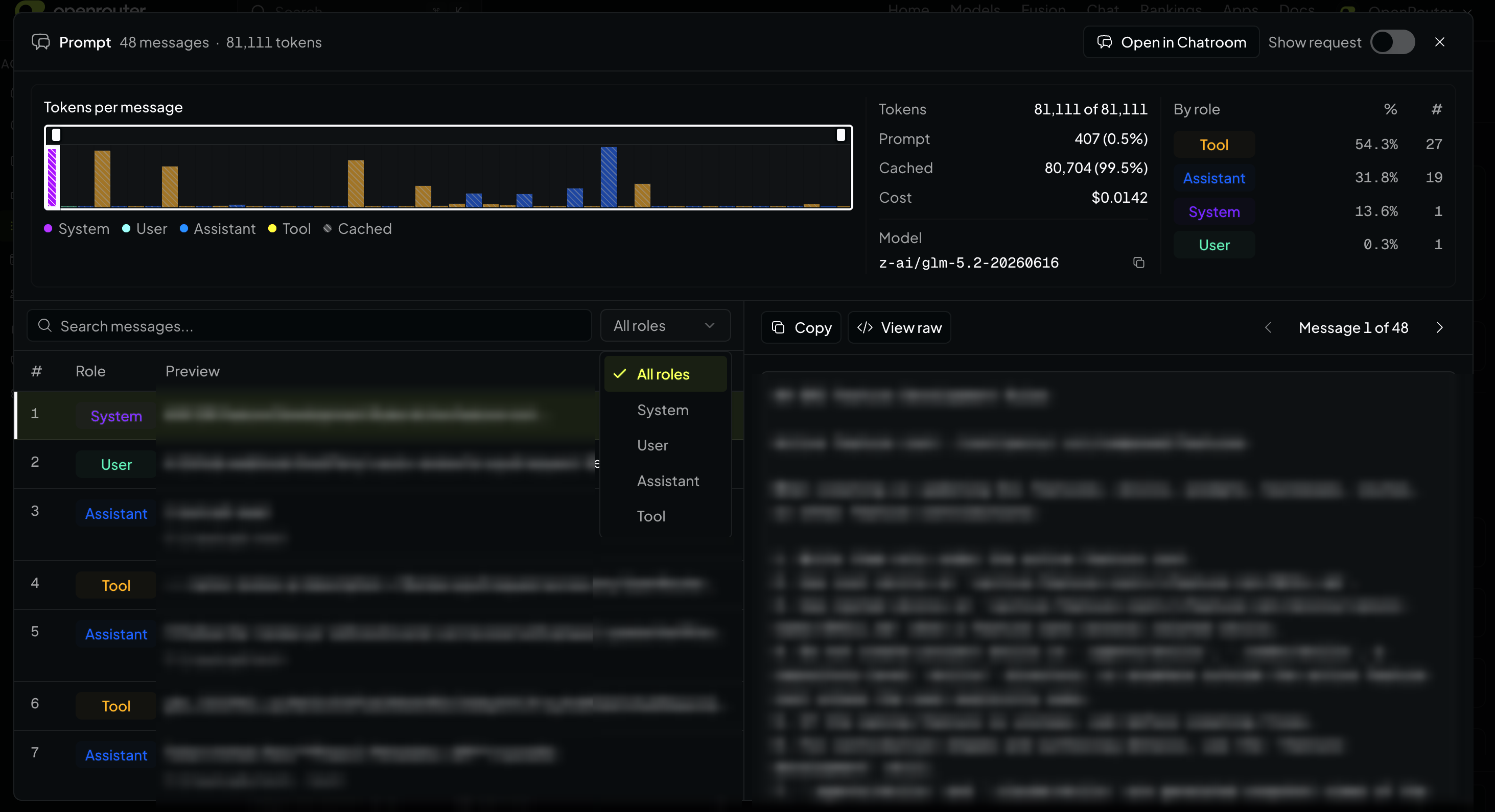 Prompt detail view for a 48-message generation, with a tokens-per-message flamegraph colored by role, cached and prompt token totals with cost, a per-role breakdown, a role filter over the message list, and the selected message's raw content